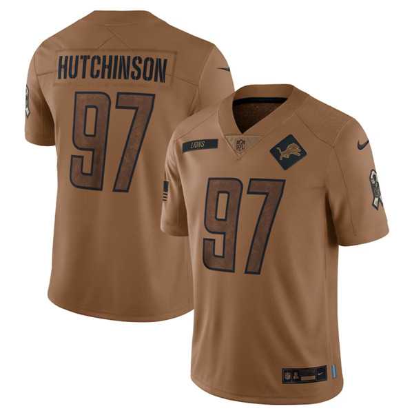 Men's Detroit Lions #97 Aidan Hutchinson 2023 Brown Salute To Service Limited Football Stitched Jersey Dyin